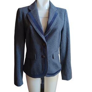 Ann Taylor Loft Womens Gray Blazer W/ Navy Trim Size 4 Button Front